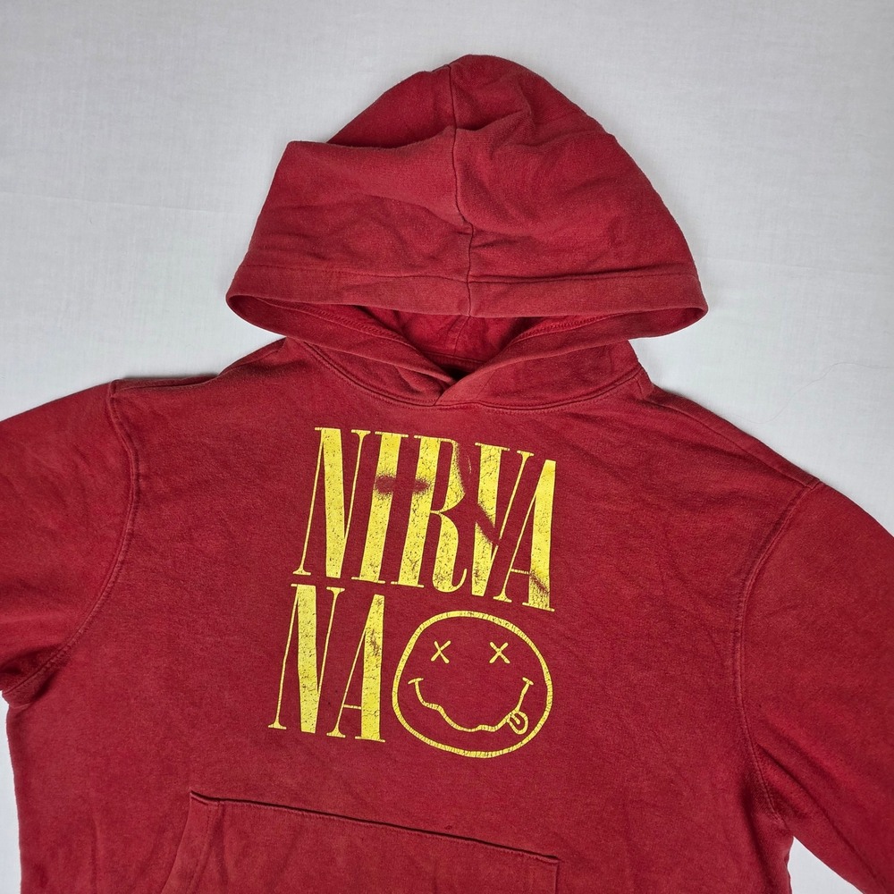 Old Navy Cotton Blend Nirvana Smiley Face Graphic Hoodie Mens Medium Red‎ 2142